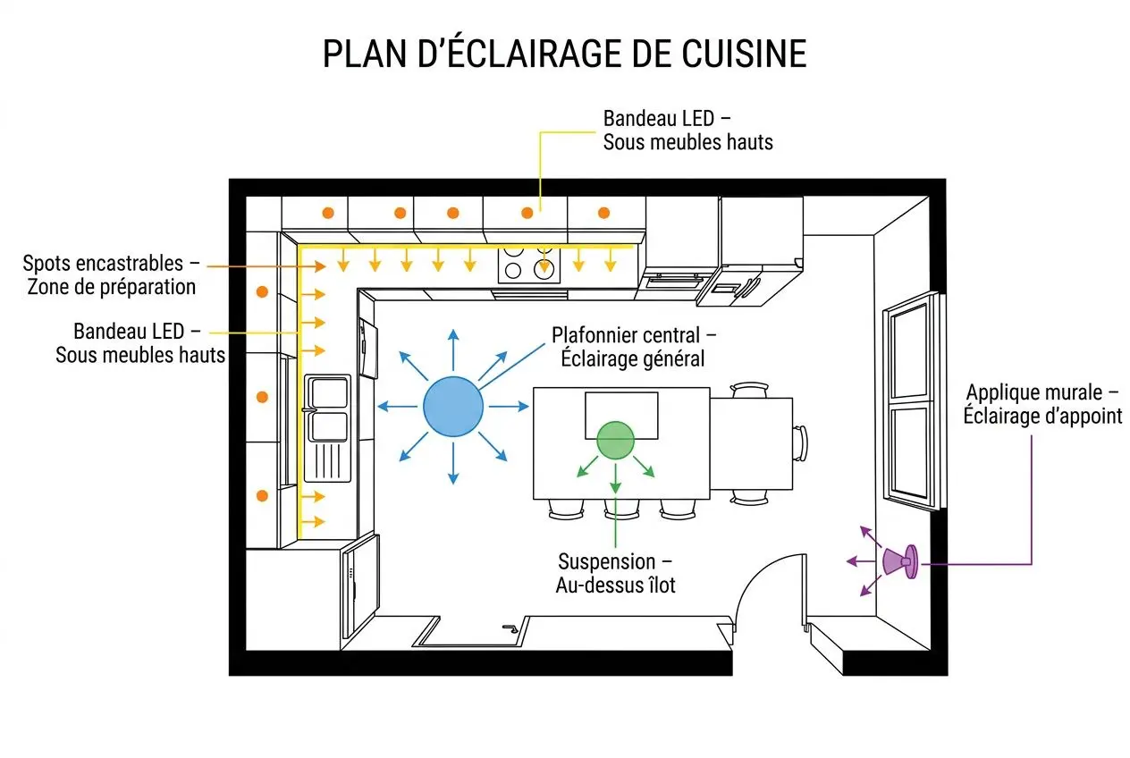 Plan d’éclairage de cuisine montrant des plafonniers centraux, bandeaux LED sous meubles, spots encastrables et éclairage d’appoint mural, avec suspension au-dessus de la table.