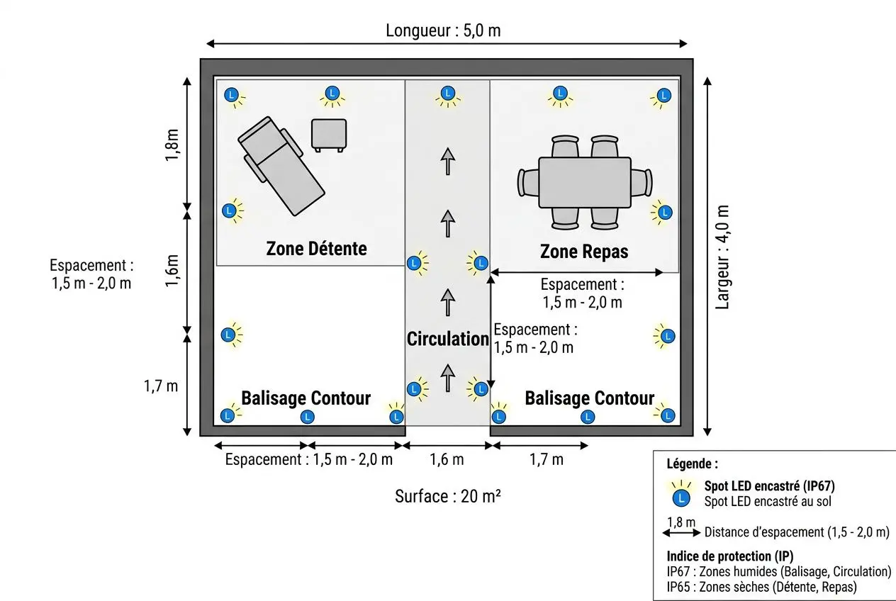 Plan de positionnement des spots LED sur une terrasse