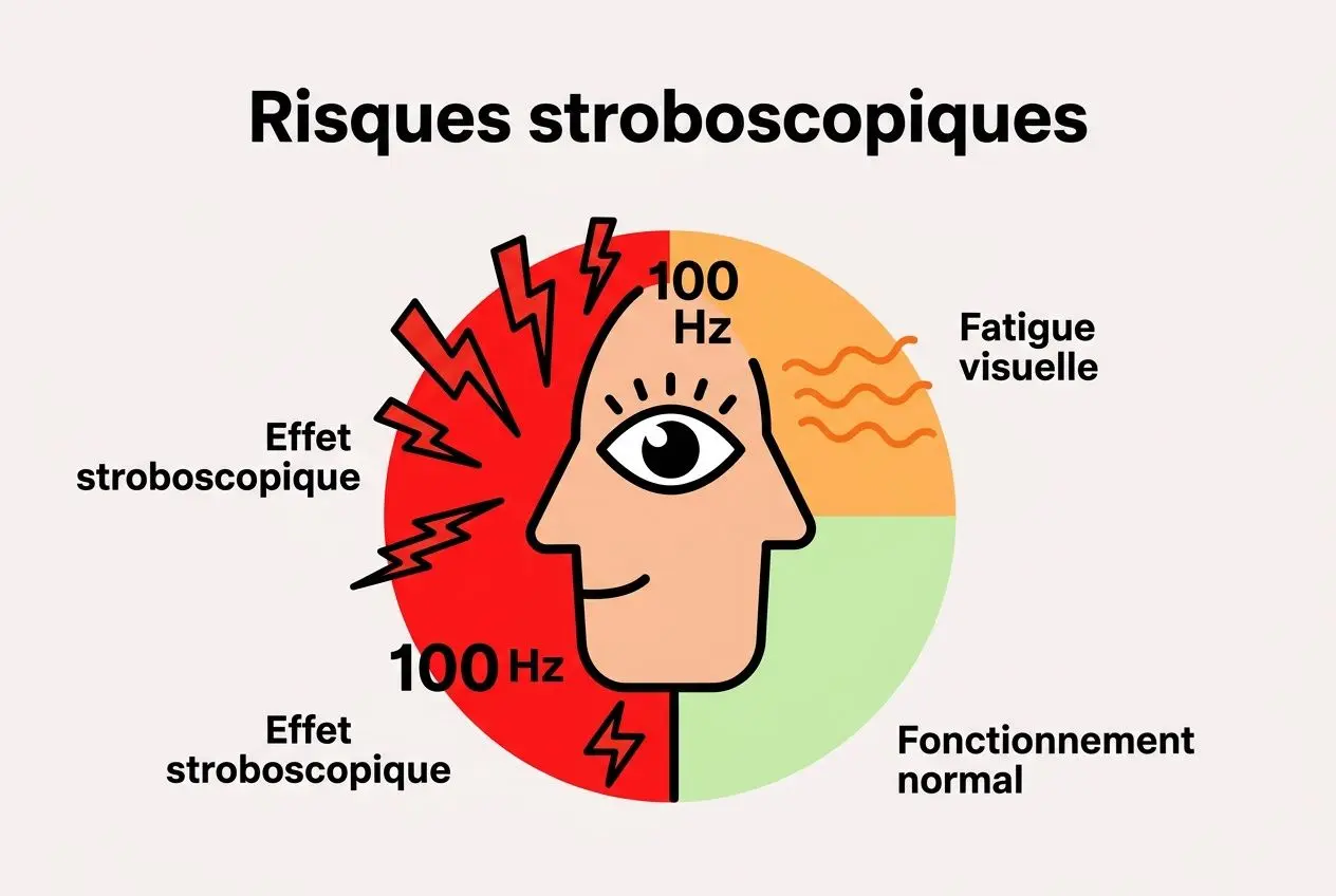 Risques stroboscopiques illustrés autour d’un visage et d’un diagramme: fatigue visuelle et fonctionnement normal alternant avec des zones d’effets stroboscopiques. ampoule qui clignote danger et causes potentielles.