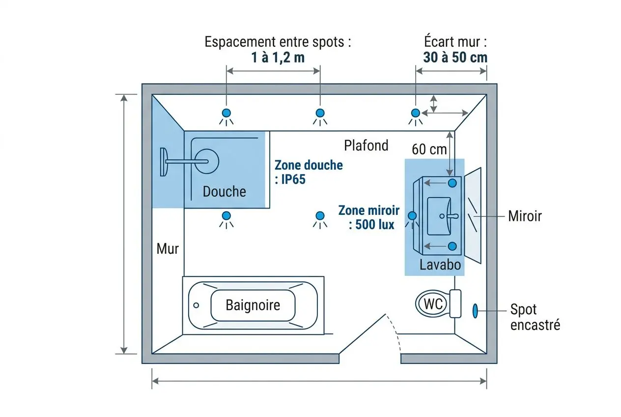 Schéma d’éclairage en salle de bain montrant l’installation de spots: zones douche et miroir avec IP65 et 500 lux, emplacement miroir avec lavabo, WC et baignoire, écartements et distance au mur. intégration du mot-clé: comment positionner des spots en salle de bain.