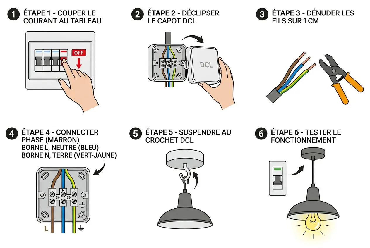 Schéma étapes branchement suspension sur boîtier DCL
