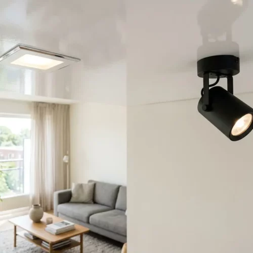 Spot encastré et luminaire en saillie dans un salon lumineux, avec canapé gris et plante verte près d’un balcon. Différence entre spots encastrés et non encastrés.