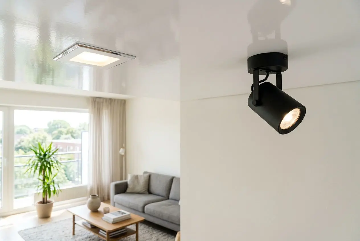 Spot encastré et luminaire en saillie dans un salon lumineux, avec canapé gris et plante verte près d’un balcon. Différence entre spots encastrés et non encastrés.