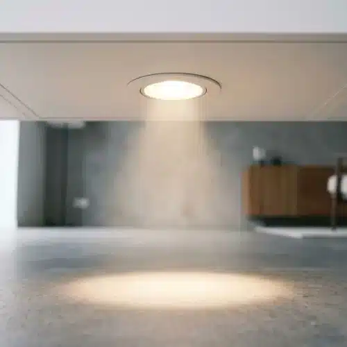 Spot led encastrable dimmable avec variateur éclairant le sol sous un mobilier, ambiance moderne et cosy.
