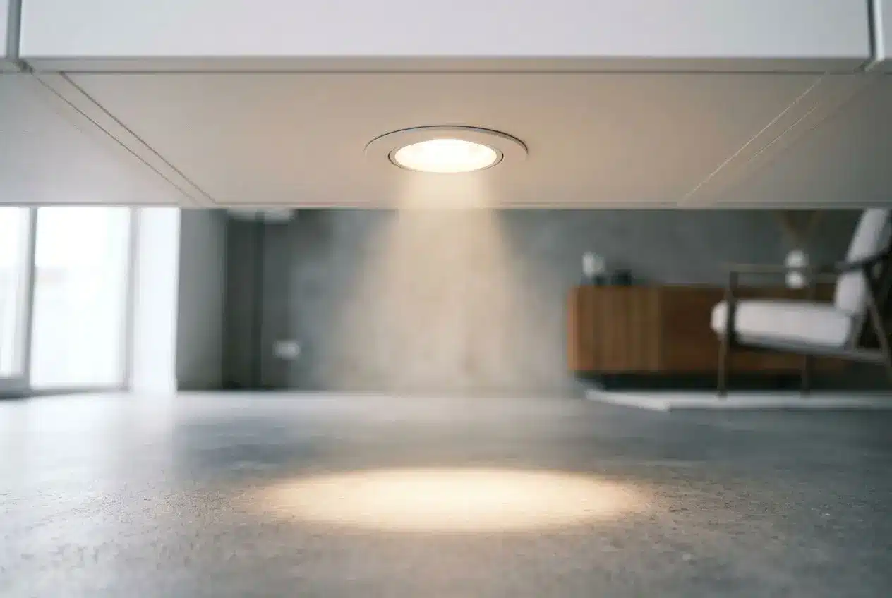 Spot led encastrable dimmable avec variateur éclairant le sol sous un mobilier, ambiance moderne et cosy.