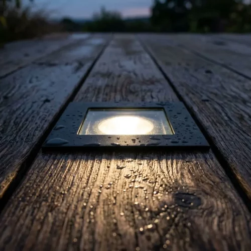 Spot led encastrable exterieur ip65 illuminé sur terrasse en bois, posé près des gouttes de pluie, cadre noir et plaque étanche.