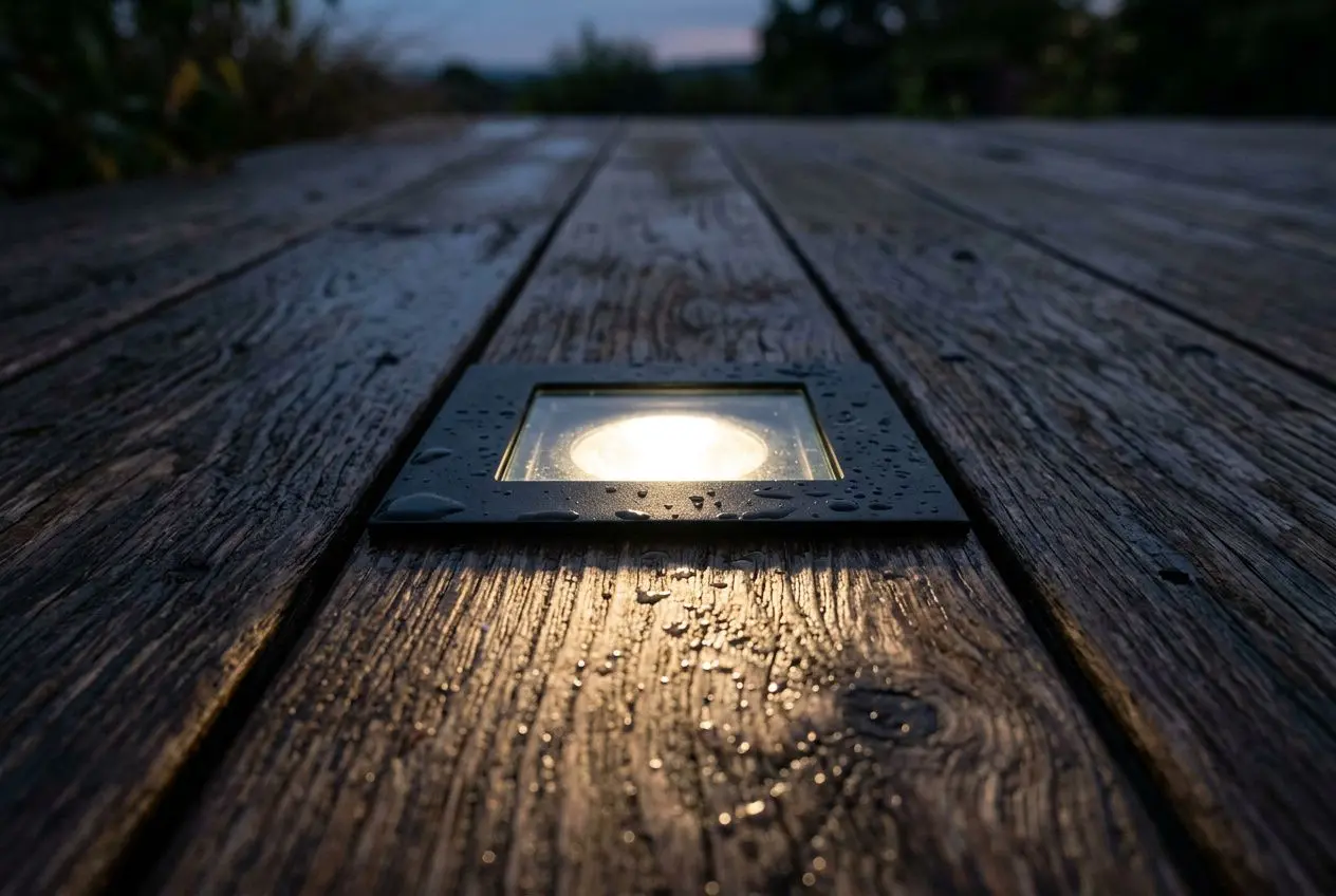 Spot led encastrable exterieur ip65 illuminé sur terrasse en bois, posé près des gouttes de pluie, cadre noir et plaque étanche.