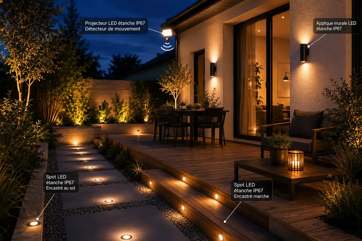Spots LED étanche IP67 intégrés dans une terrasse bois moderne avec éclairage paysager et ambiance cosy nocturne