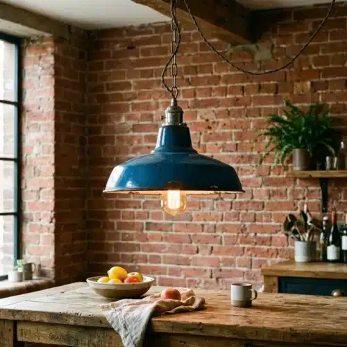 Suspension industrielle vintage gamelle bleue au-dessus d'un îlot de cuisine