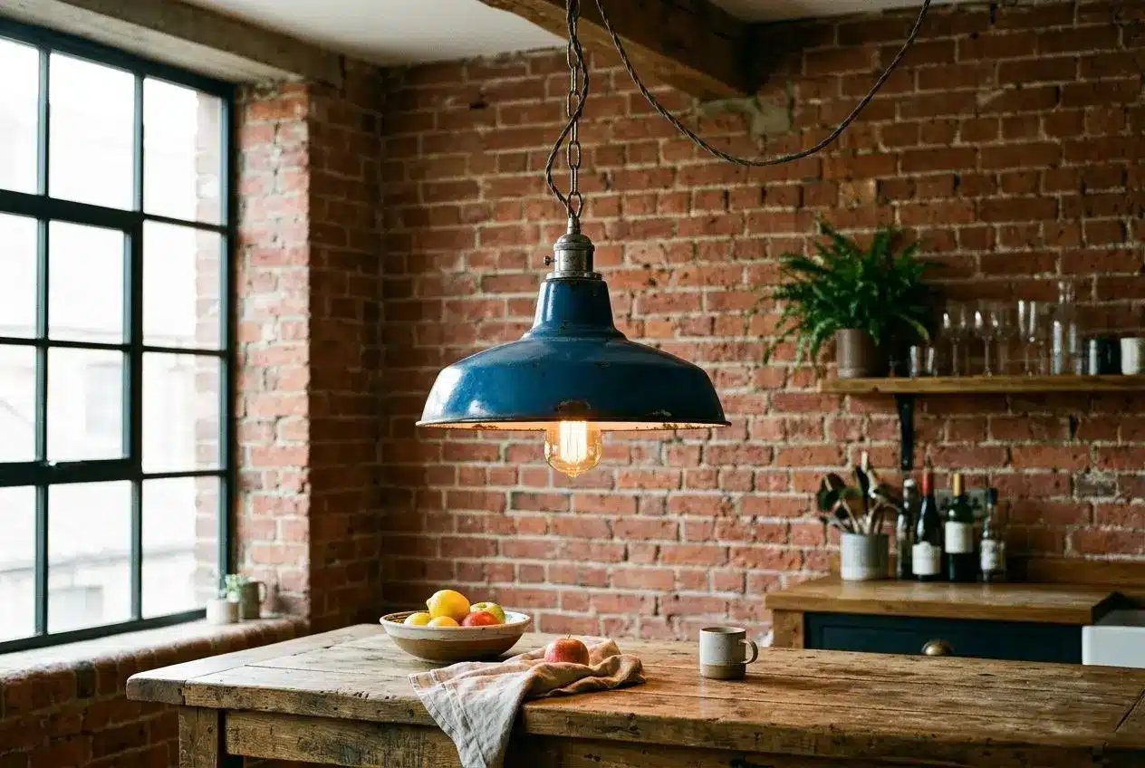 Suspension industrielle vintage gamelle bleue au-dessus d'un îlot de cuisine
