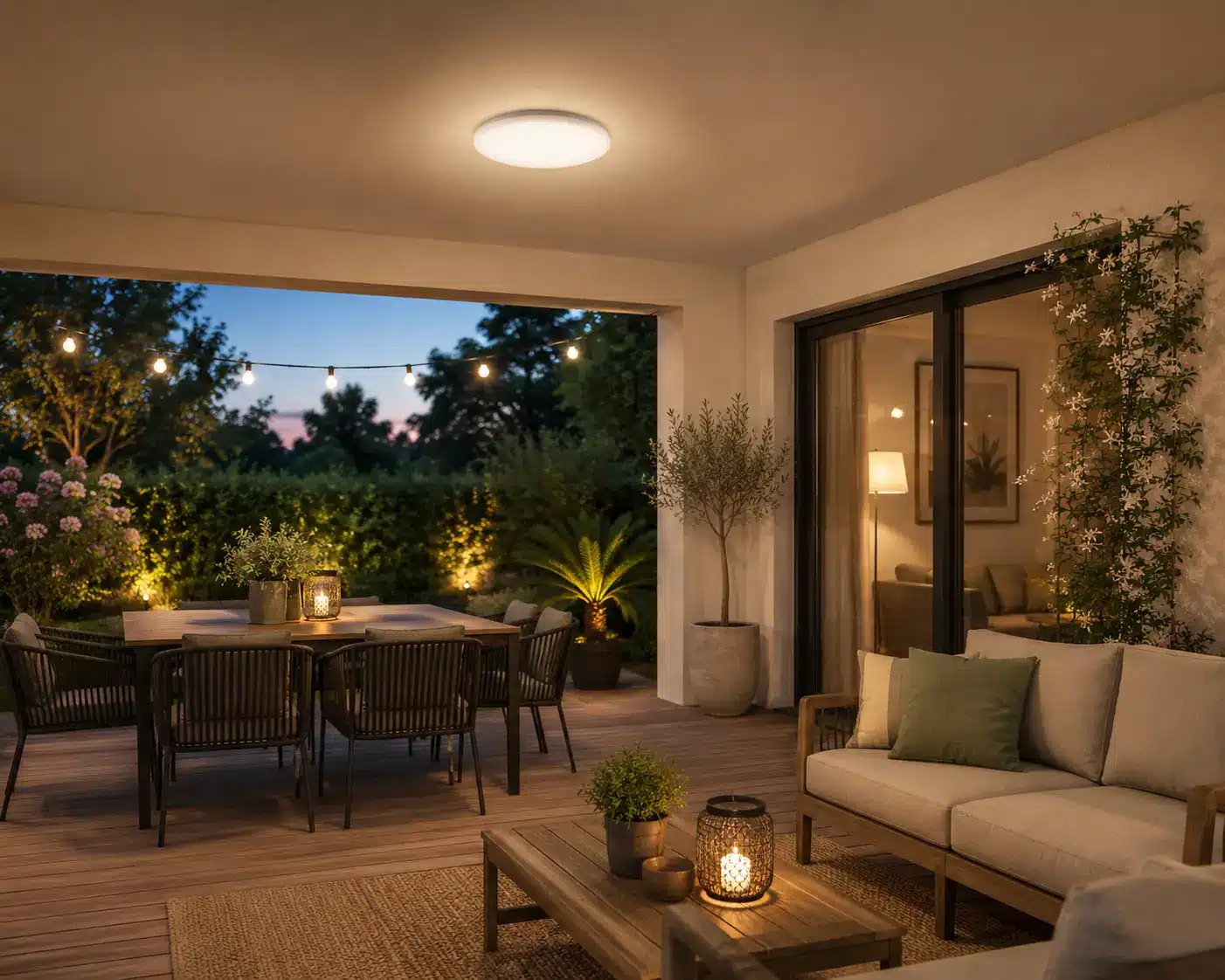 Terrasse extérieure couverte avec plafonnier LED IP44 et éclairage chaleureux pour espace détente et repas en été