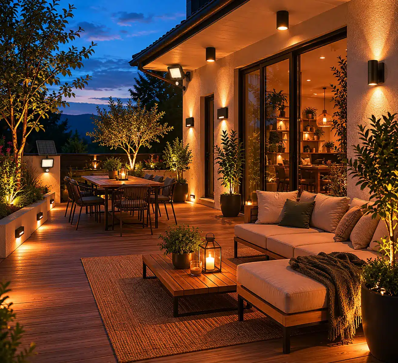 Terrasse extérieure design avec éclairage LED mural, projecteur avec détecteur et balisage lumineux pour une ambiance cosy estivale