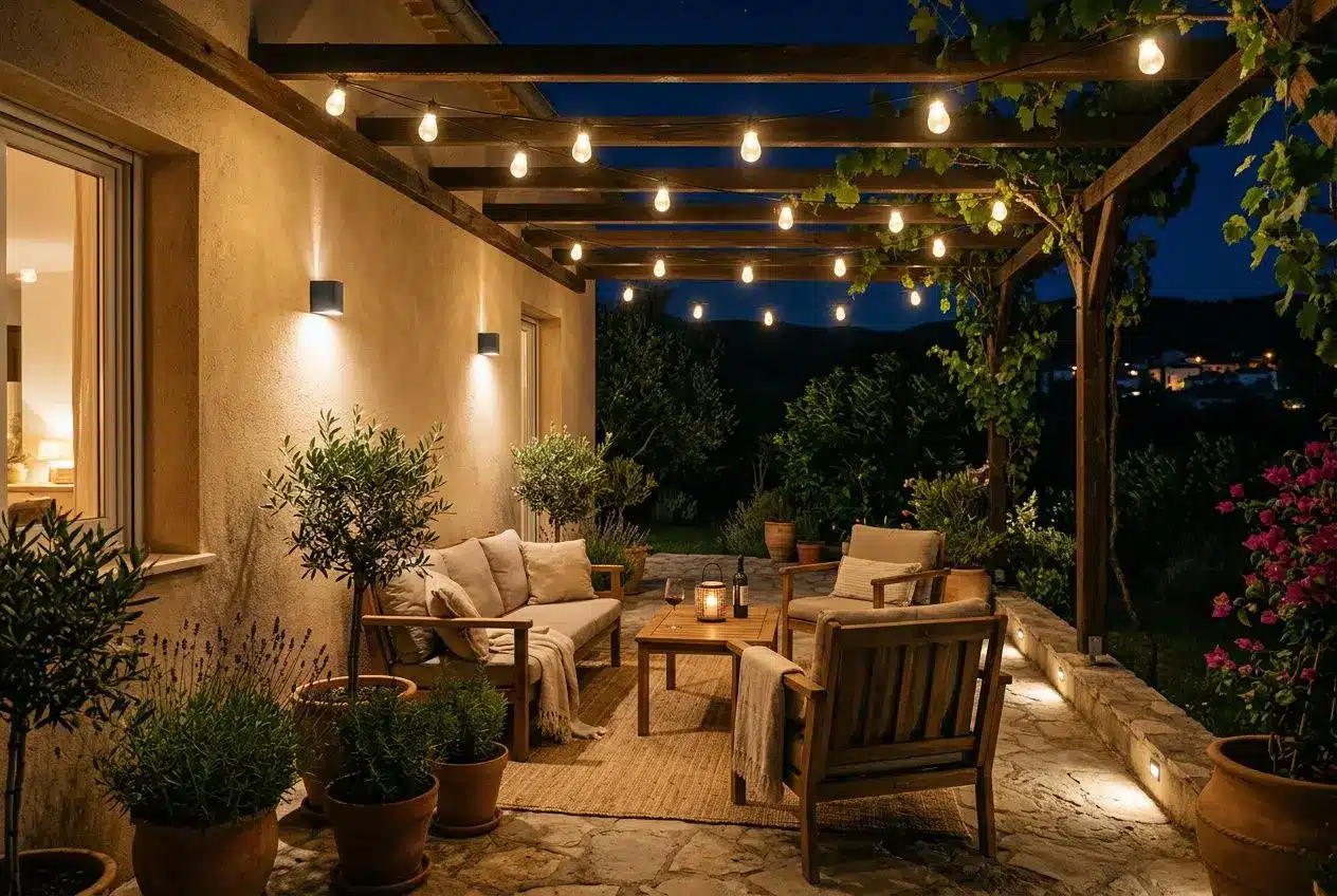 Terrasse extérieure éclairée avec guirlandes et appliques LED la nuit
