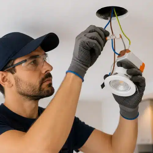 Branchement électrique d'un spot encastrable LED au plafond par un électricien professionnel