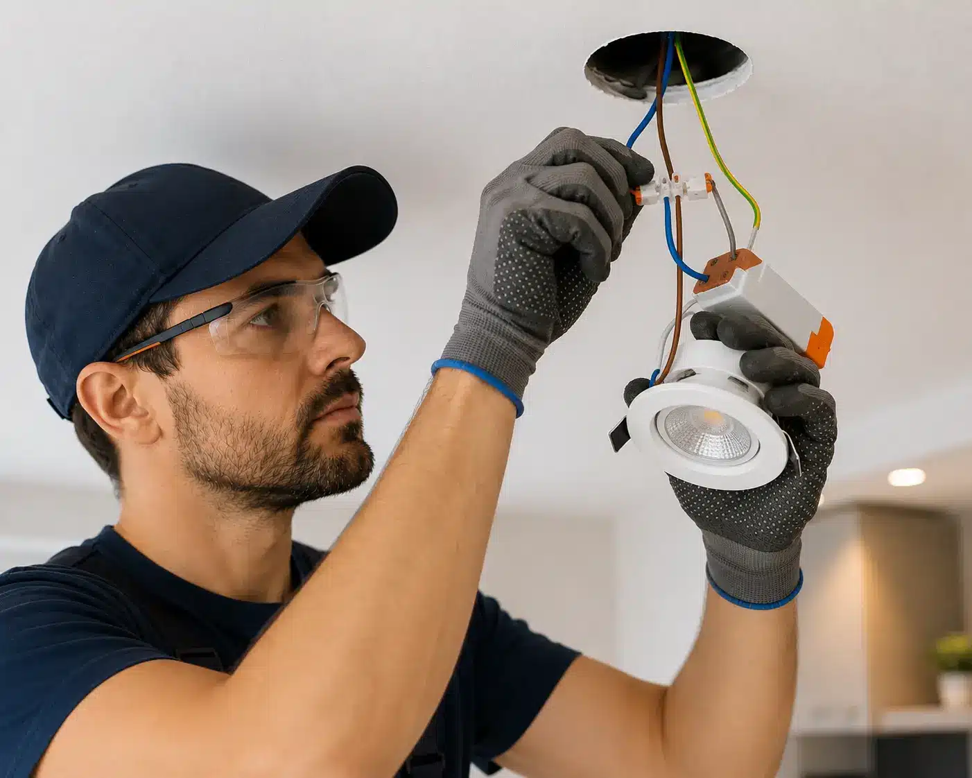 Branchement électrique d'un spot encastrable LED au plafond par un électricien professionnel