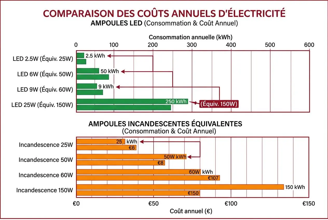 Comparaison coût annuel ampoule LED vs incandescence