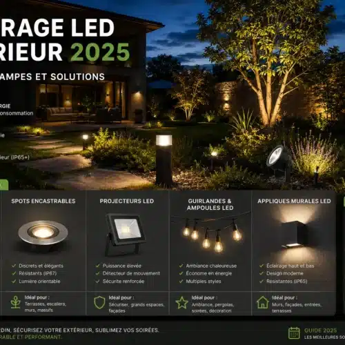 Comparatif des solutions d’éclairage LED extérieur 2025 avec bornes, spots encastrables, projecteurs et appliques pour jardin, terrasse et allées.