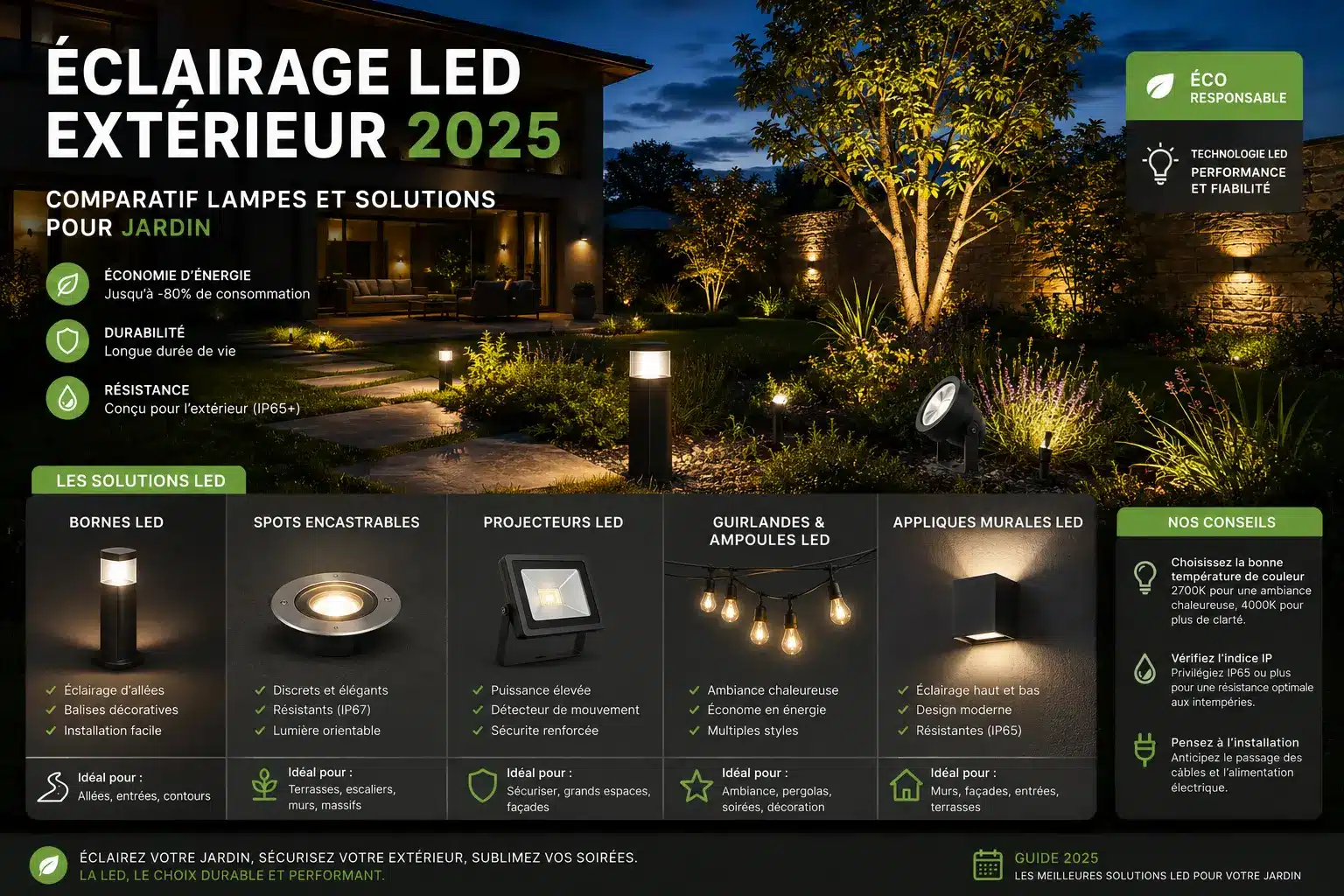 Comparatif des solutions d’éclairage LED extérieur 2025 avec bornes, spots encastrables, projecteurs et appliques pour jardin, terrasse et allées. Comparatif des solutions d’éclairage LED extérieur 2025 avec bornes, spots encastrables, projecteurs et appliques pour jardin, terrasse et allées.