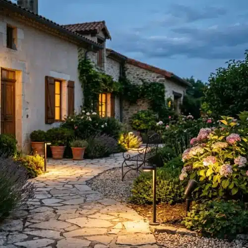 Éclairage extérieur jardin avec spots, bornes et applique murale