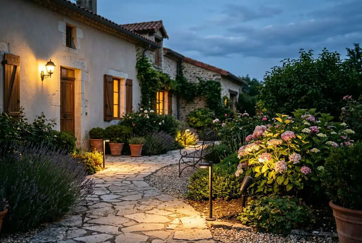 Éclairage extérieur jardin avec spots, bornes et applique murale