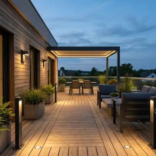 Éclairage terrasse extérieur avec luminaires LED variés