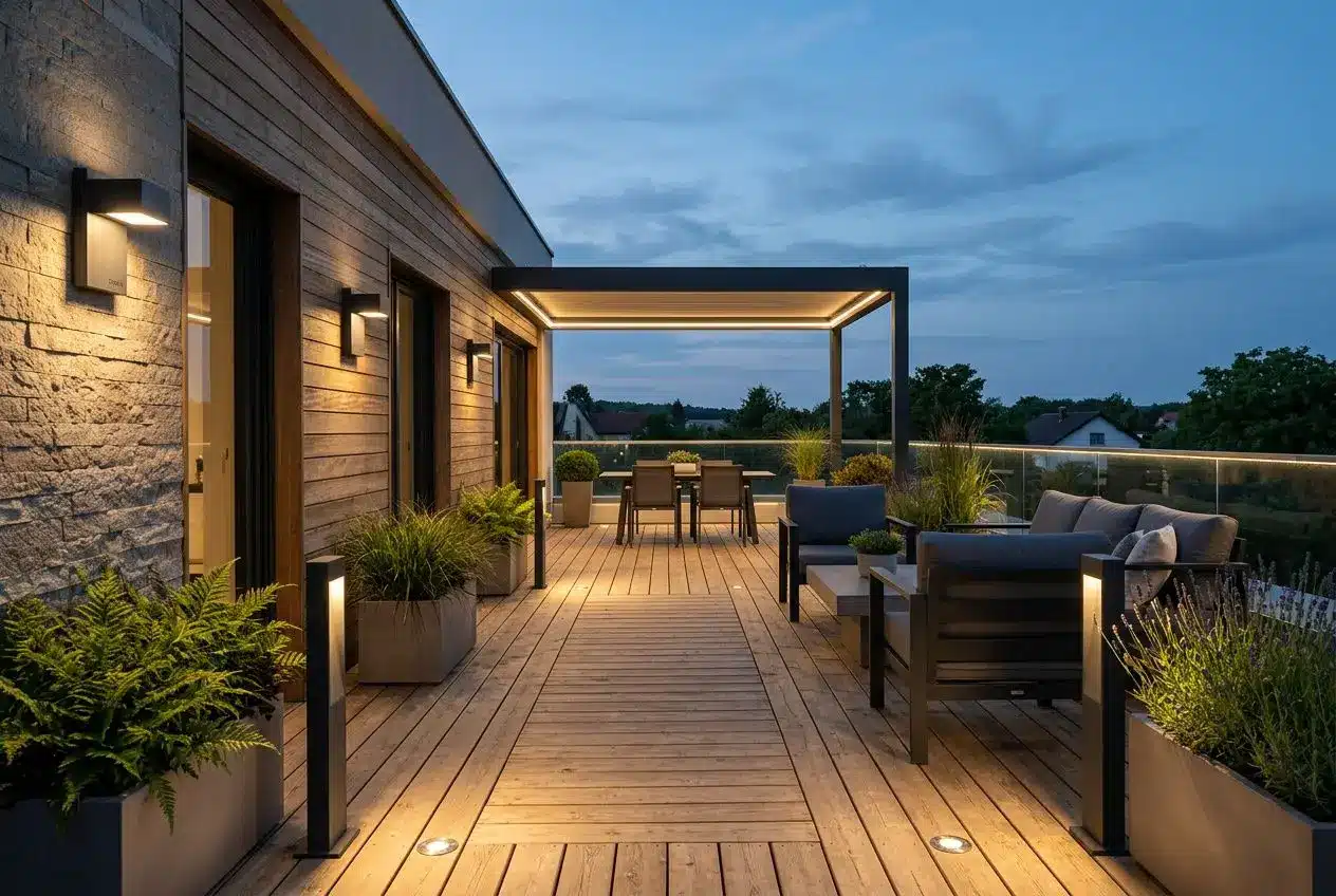 Éclairage terrasse extérieur avec luminaires LED variés