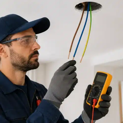 Électricien identifiant les fils électriques au plafond avant installation d’un luminaire LED