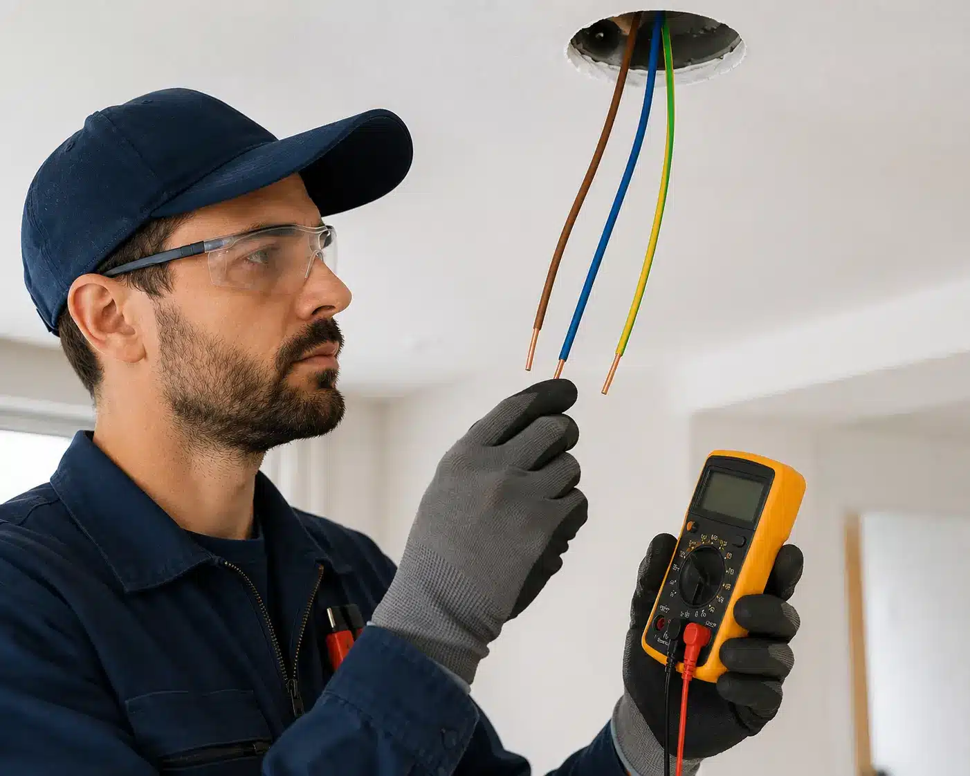 Électricien identifiant les fils électriques au plafond avant installation d’un luminaire LED Électricien identifiant les fils électriques au plafond avant installation d’un luminaire LED