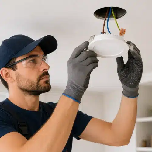 Électricien installant un spot LED encastrable au plafond dans une habitation