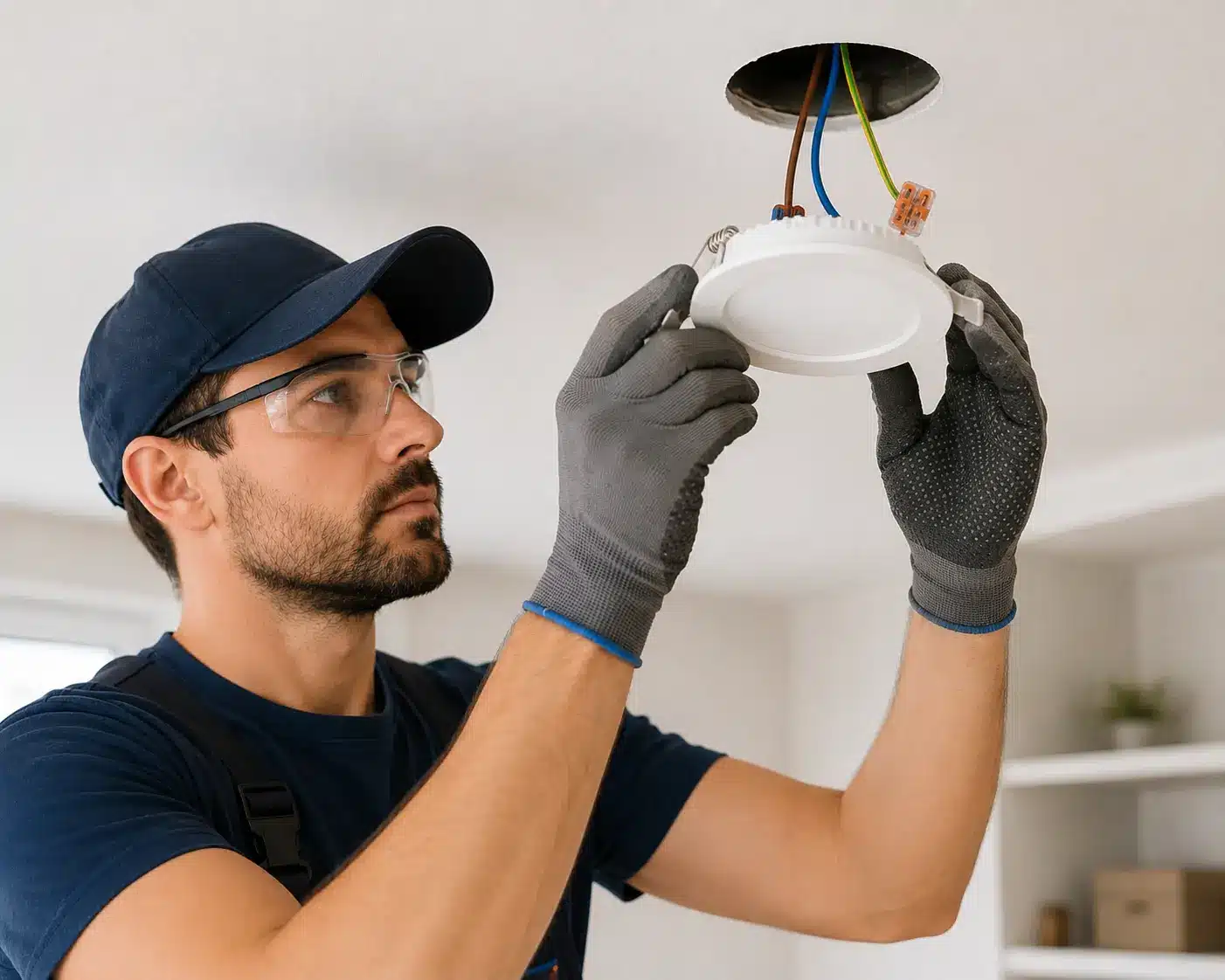 Électricien installant un spot LED encastrable au plafond dans une habitation