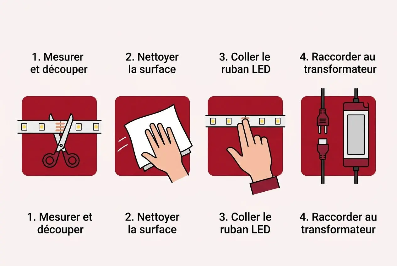 Étapes de pose et raccordement d'une bande LED