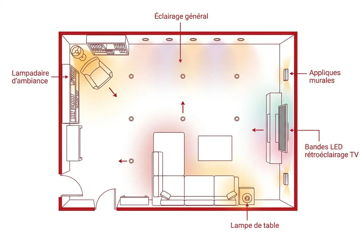 Plan d'éclairage par zones pour un salon
