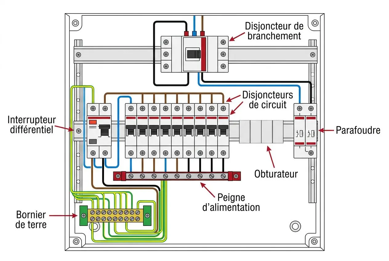 Schéma des composants d'un tableau électrique avec labels en français