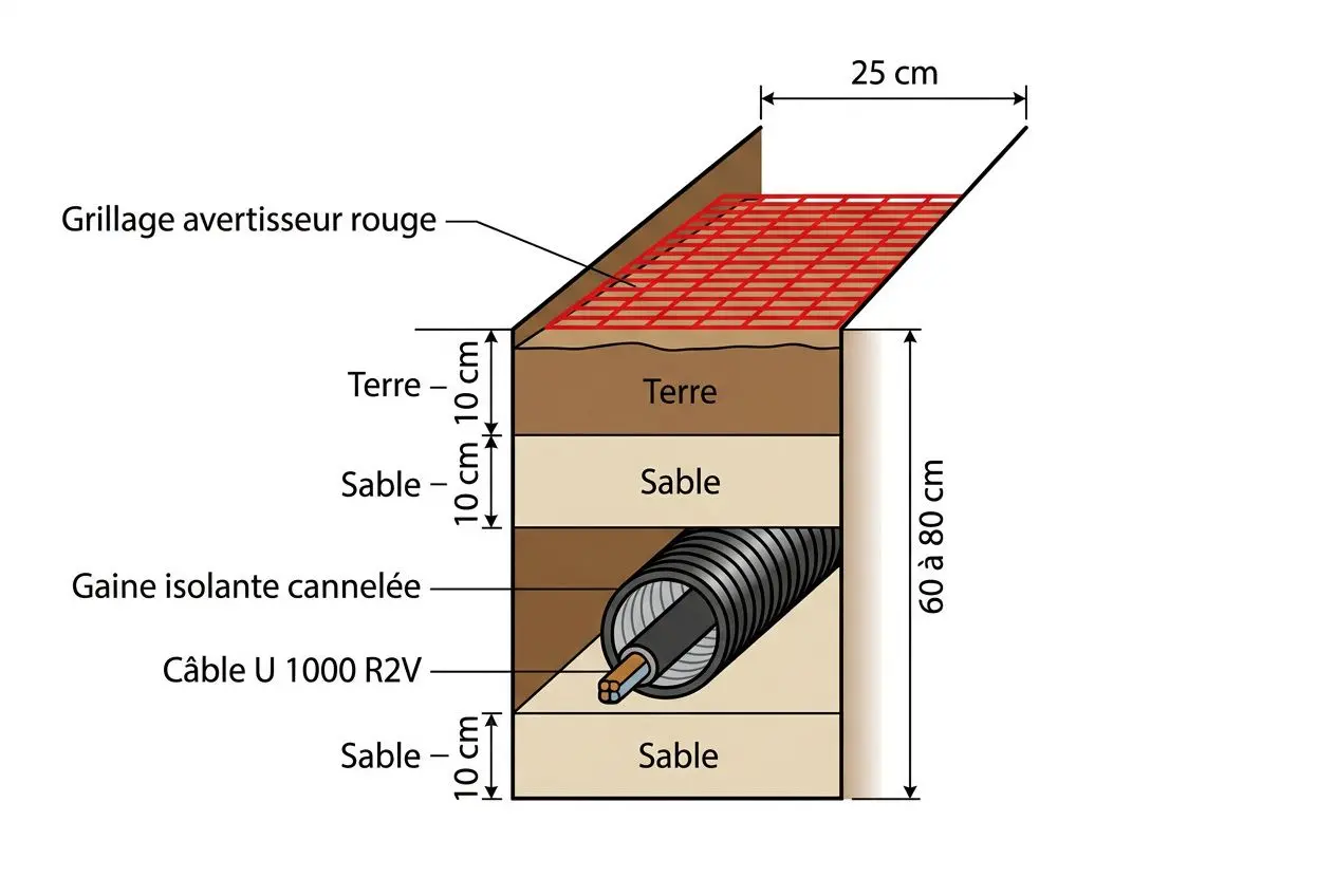 Schéma de tranchée pour câblage extérieur enterré