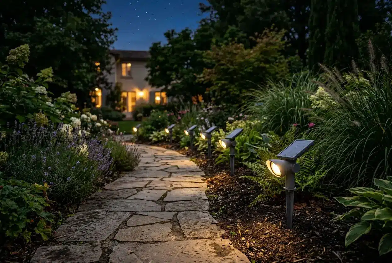 Spots LED solaires sur piquet dans un jardin la nuit