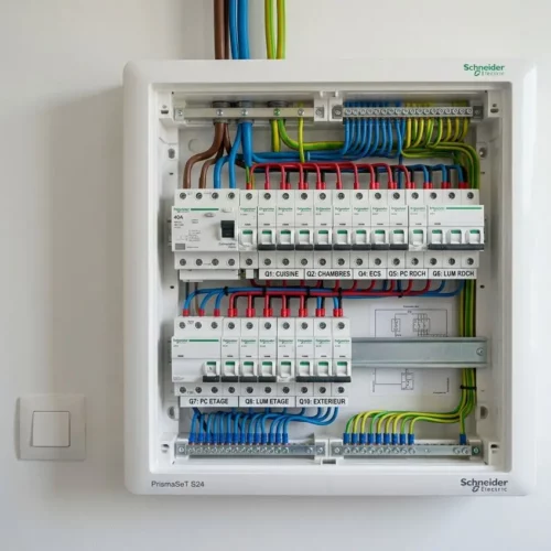 Tableau électrique résidentiel ouvert avec disjoncteurs et interrupteurs différentiels
