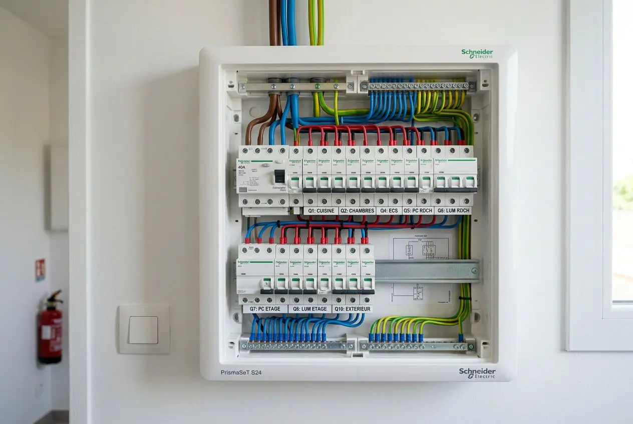 Tableau électrique résidentiel ouvert avec disjoncteurs et interrupteurs différentiels