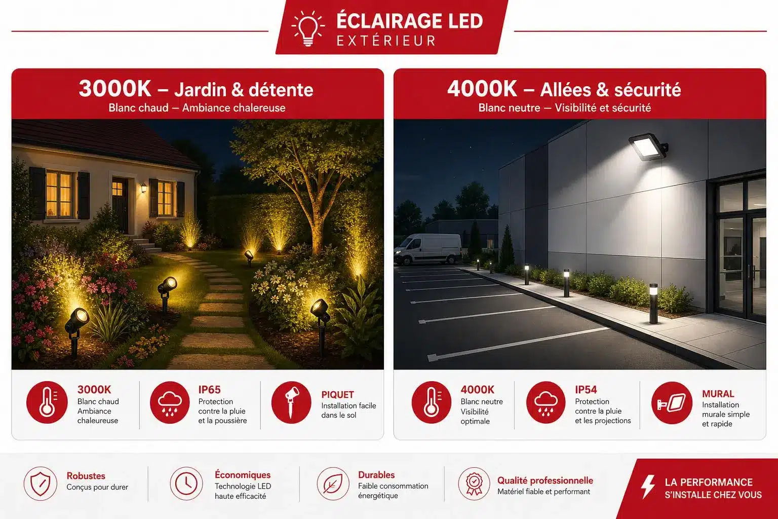 Comparaison usages 3000K jardin et 4000K allée parking