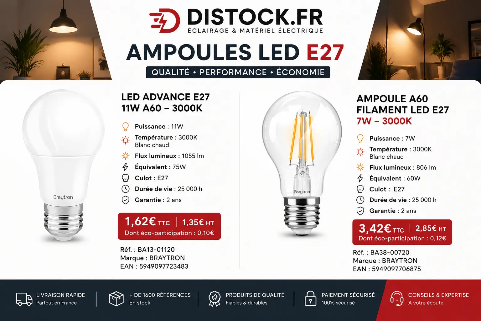 Comparatif ampoules LED E27 Braytron 3000K : LED Advance 11W et filament LED 7W | Distock.fr Comparatif ampoules LED E27 Braytron 3000K : LED Advance 11W et filament LED 7W | Distock.fr