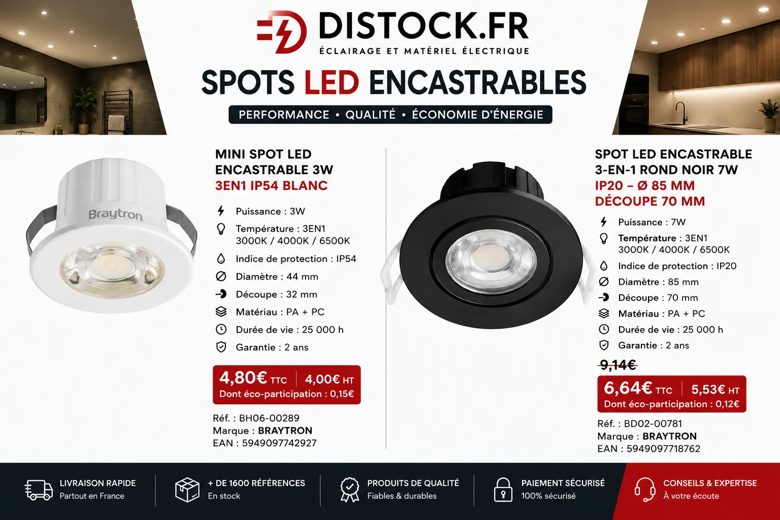 Comparatif de spots LED encastrables Braytron 3EN1 : mini spot LED 3W IP54 blanc et spot LED encastrable rond noir 7W IP20 disponibles sur Distock.fr Comparatif de spots LED encastrables Braytron 3EN1 : mini spot LED 3W IP54 blanc et spot LED encastrable rond noir 7W IP20 disponibles sur Distock.fr