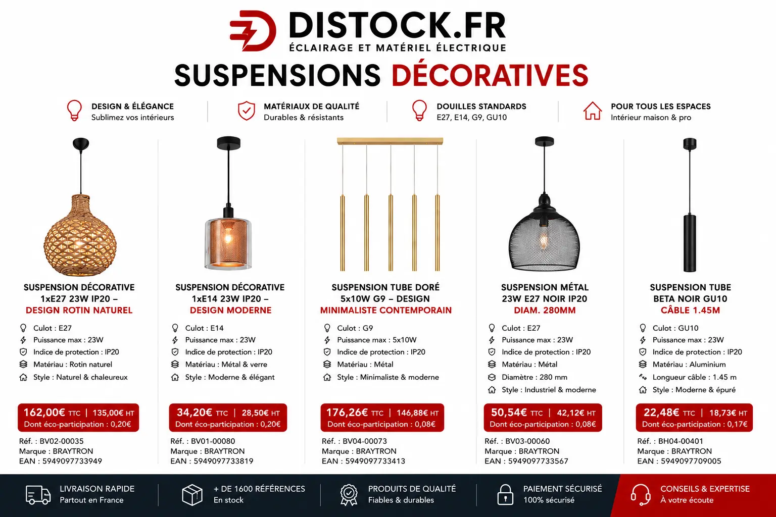 Comparatif de suspensions décoratives LED Braytron : suspension rotin, suspension moderne, suspension tube dorée 5xG9, suspension métal noire et suspension tube BETA GU10 disponibles sur Distock.fr Comparatif de suspensions décoratives LED Braytron : suspension rotin, suspension moderne, suspension tube dorée 5xG9, suspension métal noire et suspension tube BETA GU10 disponibles sur Distock.fr