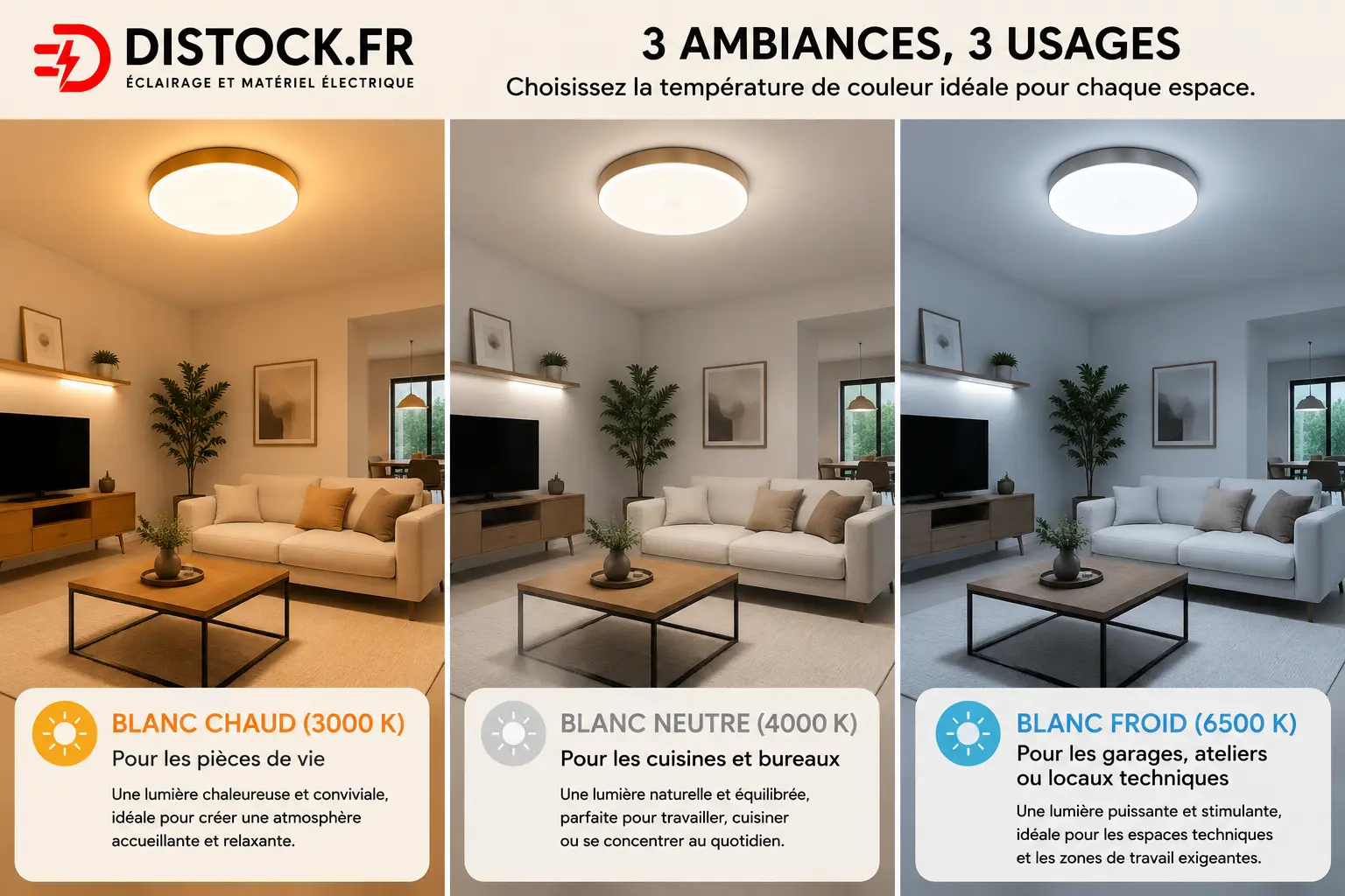 Comparatif des températures de couleur LED 3000K, 4000K et 6500K dans un salon - Guide éclairage intérieur Distock.fr Comparatif des températures de couleur LED 3000K, 4000K et 6500K dans un salon - Guide éclairage intérieur Distock.fr