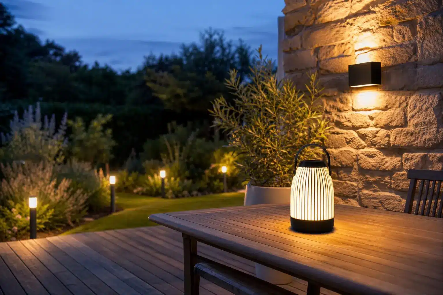 Éclairage sans fil sur terrasse avec lampes rechargeables et bornes solaires