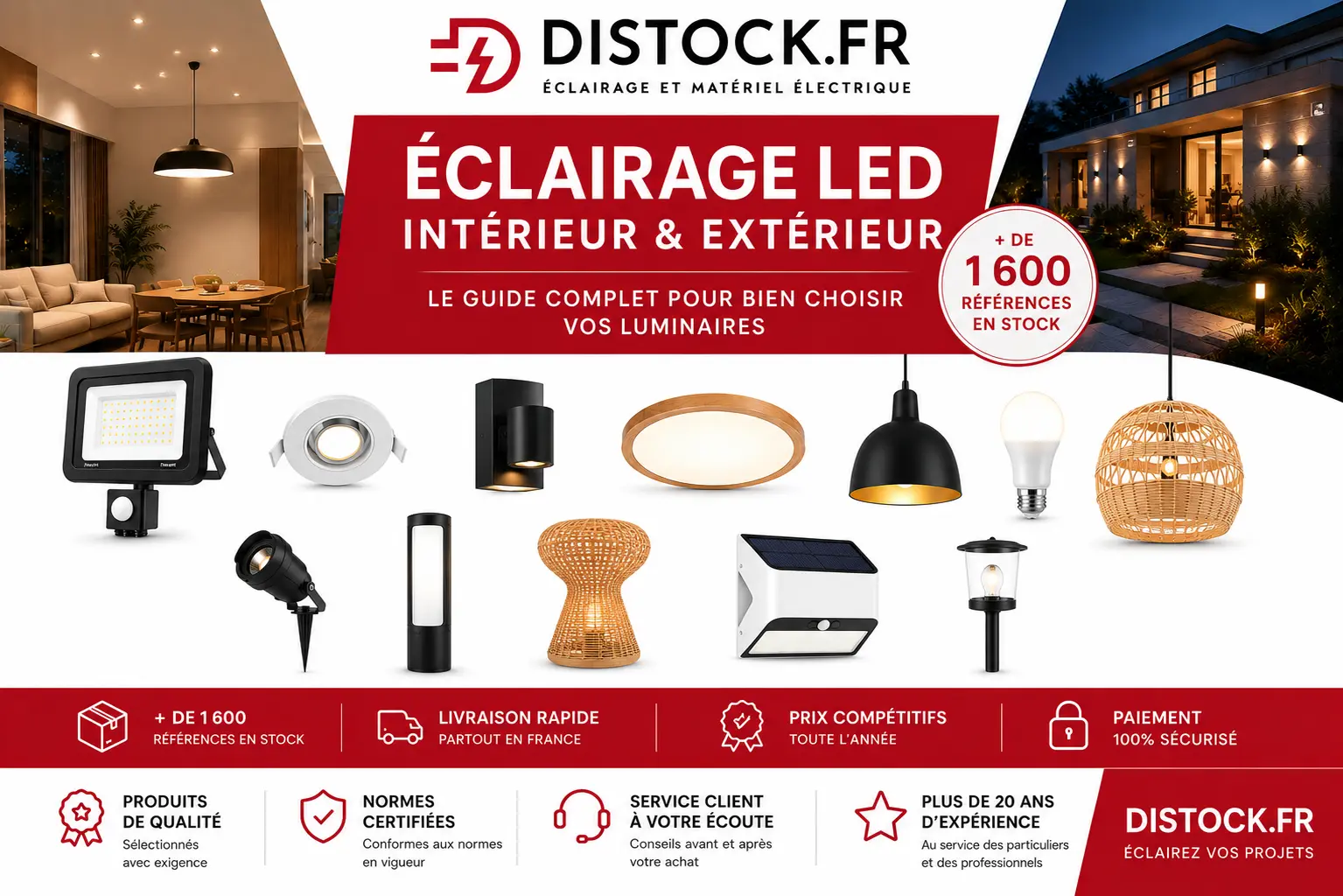 Éclairage LED intérieur et extérieur avec spots, ampoules, plafonniers, suspensions, appliques et luminaires LED - Distock.fr Éclairage LED intérieur et extérieur avec spots, ampoules, plafonniers, suspensions, appliques et luminaires LED - Distock.fr