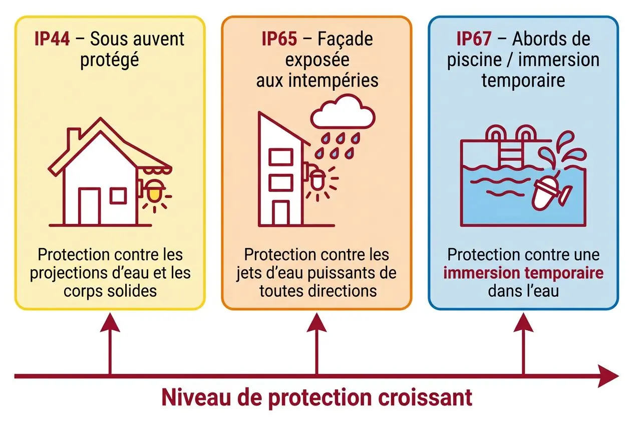 Indices de protection IP44, IP65 et IP67 pour luminaires extérieurs