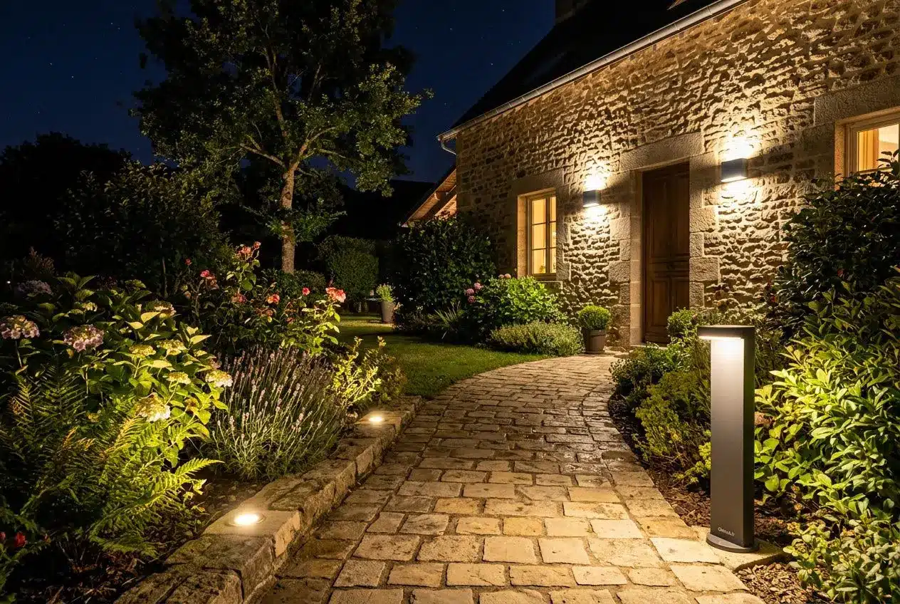 Jardin illuminé par des lampes extérieures LED