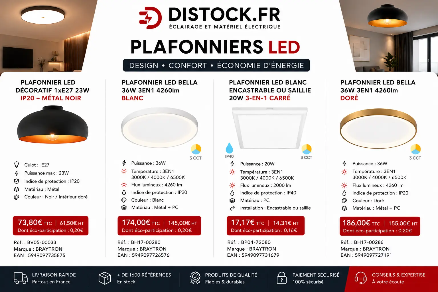 Plafonniers LED Braytron Design - Plafonnier Bella 36W 3-en-1 blanc et doré, plafonnier carré 20W et suspension métal noir disponibles sur Distock.fr Plafonniers LED Braytron Design - Plafonnier Bella 36W 3-en-1 blanc et doré, plafonnier carré 20W et suspension métal noir disponibles sur Distock.fr