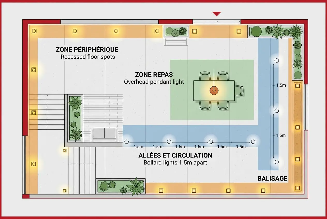 Plan de disposition des zones d'éclairage sur une terrasse extérieure