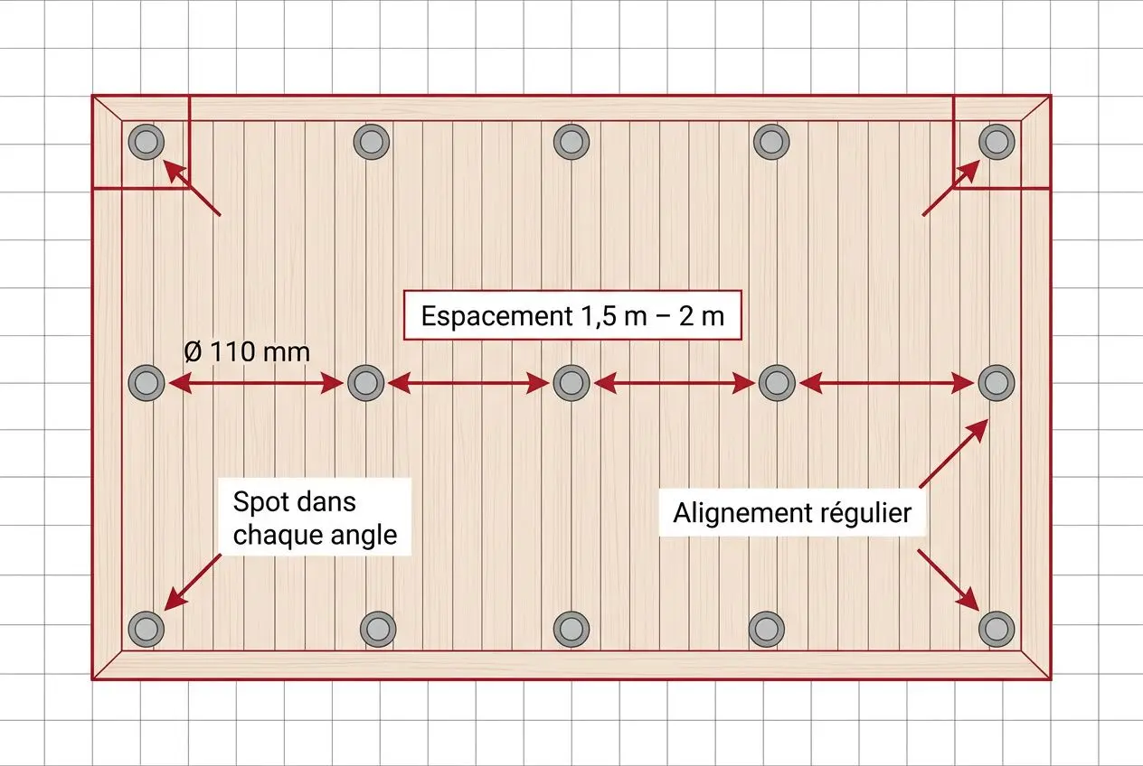 Schéma espacement spots encastrés terrasse