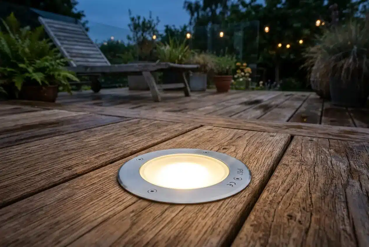 Spot encastrable LED IP67 sur terrasse bois